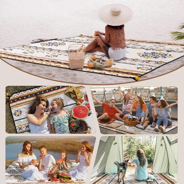 Водонепроникний килимок для пікніка HausProfi Boho 200x200 см, ізольована пляжний ковдра для кемпінгу з бавовняним наповнювачем, ручкою та кілками