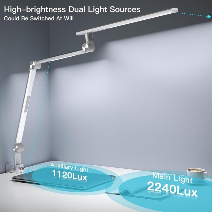 Настільна лампа VERSKI LED 18W, диммована, з подвійним джерелом світла, для домашнього офісу, зі світлодіодами, кліпсою, захистом очей, регулюванням яскравості та 5 кольоровими температурами, срібляста