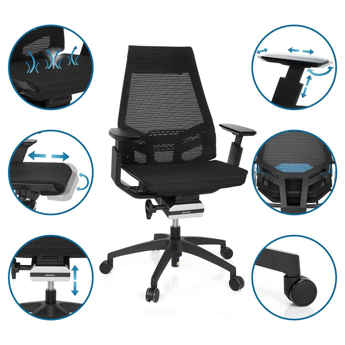 Офісний крісло GENIDIA SMART BLACK з сітчастою спинкою, чорний колір, hjh OFFICE