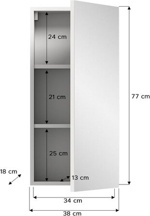 Дзеркальна шафка для ванної xonox.home Vira X2LA9723, біла, меламін, 38x77x18 см, з великою дзеркальною поверхнею, 1-дверна