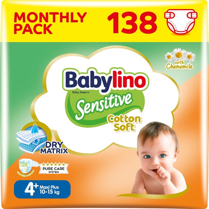 Дитячі підгузки Babylino Sensitive Maxi Plus, розмір 4+ (10-15 кг), 138 шт. — гіпоалергенні