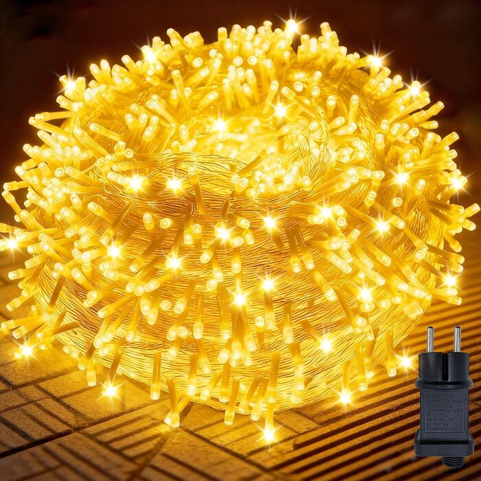 Світлодіодна гірлянда для вулиці 100м, 800 LED теплий білий колір, 8 режимів роботи, IP44 водонепроникна, з таймером та прозорим кабелем для балкона та свят