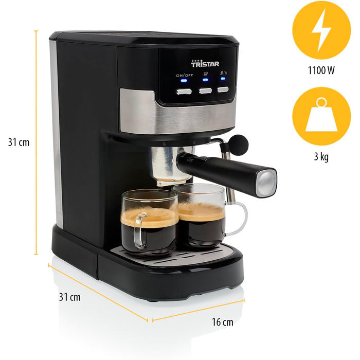 Кавомашина Tristar CM-2278 еспресо, 2 чашки, для капсул Nespresso та меленої кави, підігрів чашок, 20 бар, 1100 Вт