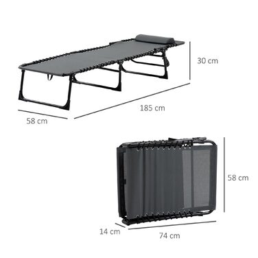 Складний садовий шезлонг Outsuuny Sun Lounger з подушкою, бічна кишеня, шезлонг з регульованою спинкою в 5 напрямках, стійкий до погодних умов шезлонг для кемпінгу з навантаженням до 120 кг, для садового пляжного басейну, сірий