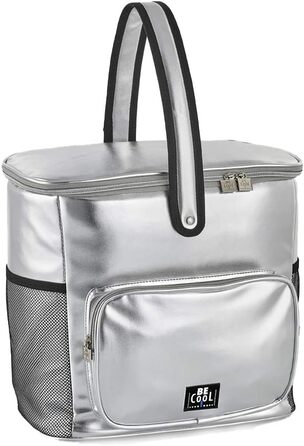 Велика термосумка Be Cool City Basket срібляста M, 33x18x30 см, 17,5 л, з широкими ручками для пікніка, школи, подорожей