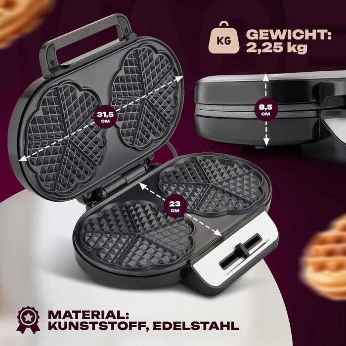 Вафельниця Clatronic WA 3745, 1200 Вт, антипригарне покриття, регульоване підсмаження, серцева форма, 2 вафлі за раз