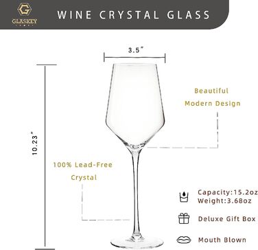 Набір з 2 кришталевих келихів для білого та червоного вина GLASKEY, 450 мл, тонкостінні, довга ніжка, ручна робота, підходять для посудомийної машини