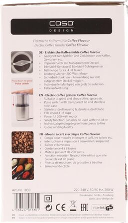 Електрична кавомолка Caso 1830 Coffee Flavour, 200 Вт, нержавіюча сталь, для кави, еспресо, горіхів та спецій, подвійний ніж, об’єм до 90 г