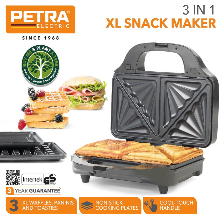 Електричний мультигриль Petra PT2143TVDEEU7 XL 3-в-1 з антипригарними знімними пластинами, вафельницею, тостером для паніні, 900 Вт, для сніданку та обіду