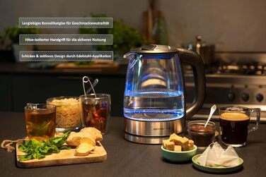 Електричний скляний чайник Emerio 1,7 л, 2200 Вт, LED-підсвітка, боросилікатне скло, BPA Free