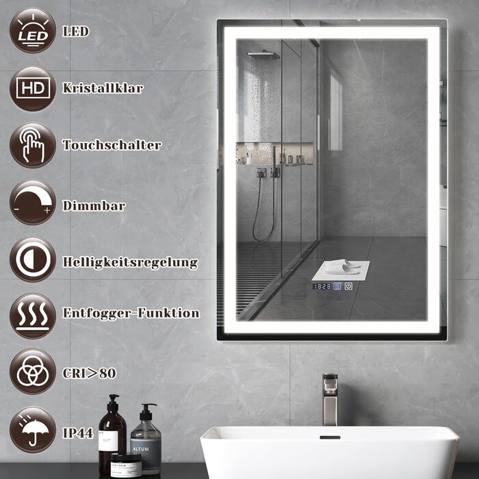 Дзеркало для ванної кімнати Mursche з підсвічуванням LED, 50x70 см, IP44, сенсорний вимикач, годинник, протитуманна функція, регулювання яскравості, 3000K-6500K, прямокутна форма