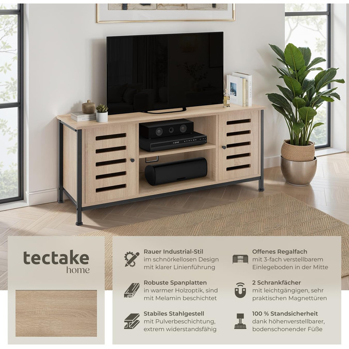 Тумба під телевізор tectake®: промисловий дизайн, дерево + метал, 110 x 41.5 x 50.5 см, для телевізорів до 55 дюймів