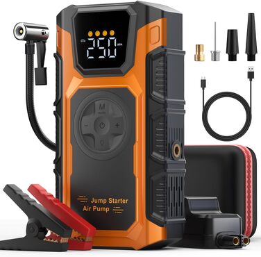 Пусковий пристрій (бустер) для авто Starthilfe 6000A з компресором 150 PSI, Powerbank 12V для бензинових та дизельних двигунів до 10л, з QC3.0, LCD-дисплеєм та ліхтарем, помаранчевий