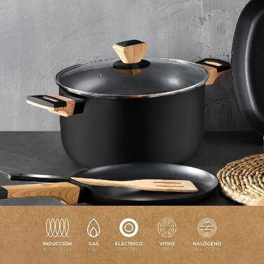 Каструля BERGNER Earth Black 24 см, алюмінієва з антипригарним покриттям, дерев'яна ручка, для індукції та всіх типів плит, з кришкою, чорна