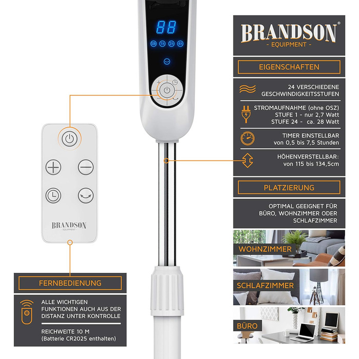 Підлоговий вентилятор Brandson DC Silent з дистанційним керуванням, LED-дисплеєм, 24 швидкостями, тихий, енергоощадний, регульована висота, нахил голови, 80° осциляція, білий