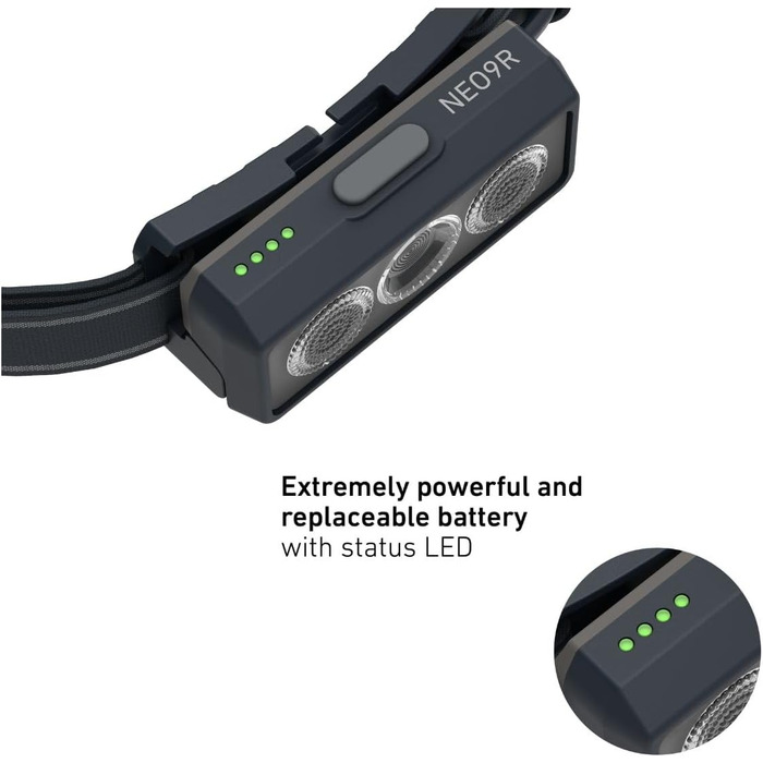 Світлодіодний налобний ліхтар Ledlenser NEO9R для бігу, 1200 лм, акумуляторний, червоне сигнальне світло, відбиваючий ремінець, поворотна головка, чорний/сірий