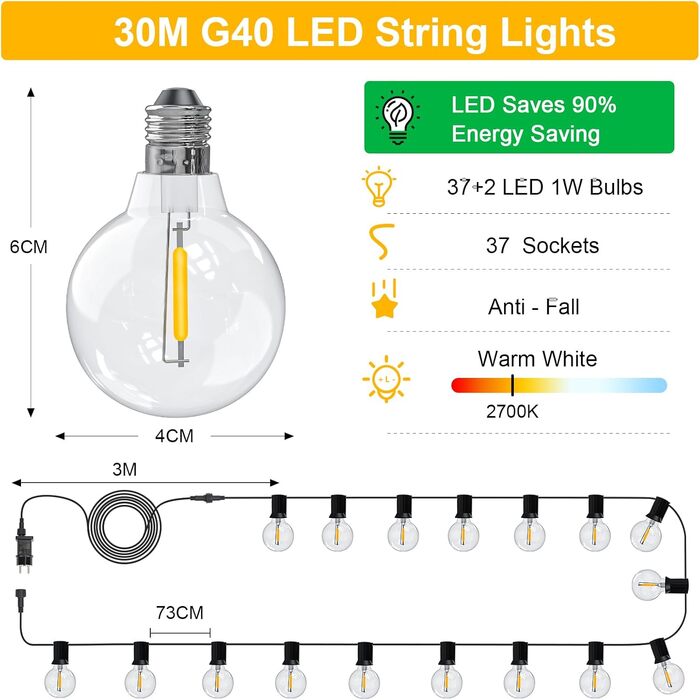 LED гірлянда вулична 30м, тепла біла, диммована, з таймером, IP44, для саду, балкона, вечірки