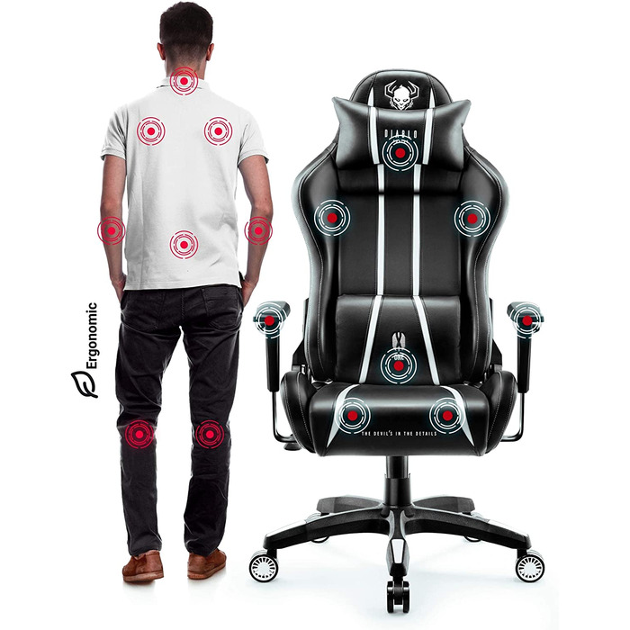 Ігрове крісло Diablo X-One 2.0, ергономічне, регульовані підлокітники, подушки для шиї та попереку, офісне крісло для геймерів, чорне-біле, розмір L, функція гойдання