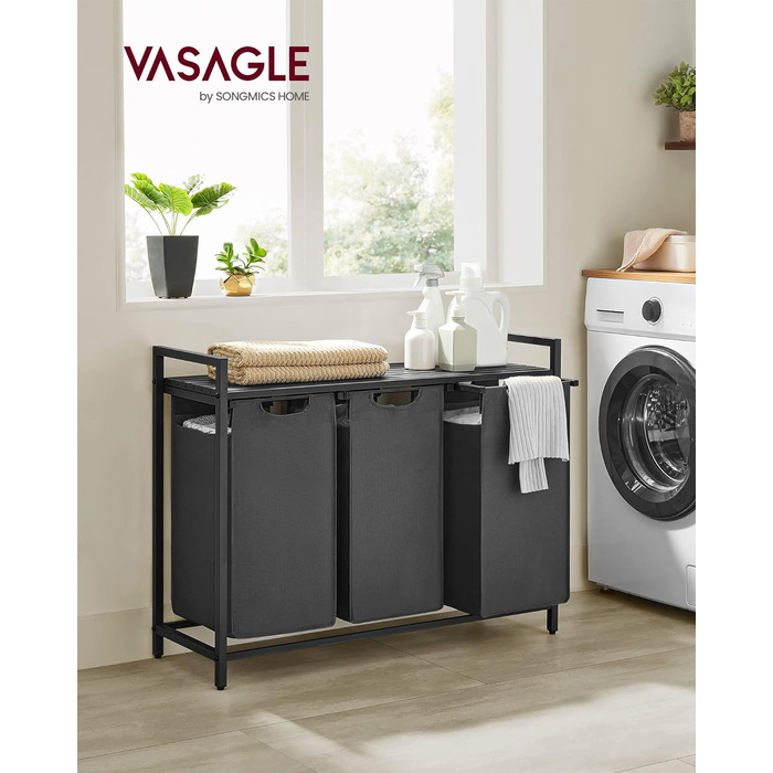 VASAGLE кошик для білизни з 3 відділеннями, знімні мішки з оксфордської тканини, металевий каркас, органайзер для прання, 114 л, чорний/сірий