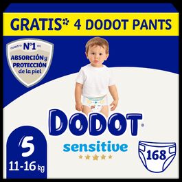 Підгузки Dodot Bebé Sensitive розмір 5 (11-16 кг), місячний набір: 168 підгузків та 4 трусики, гіпоалергічні для чутливої шкіри