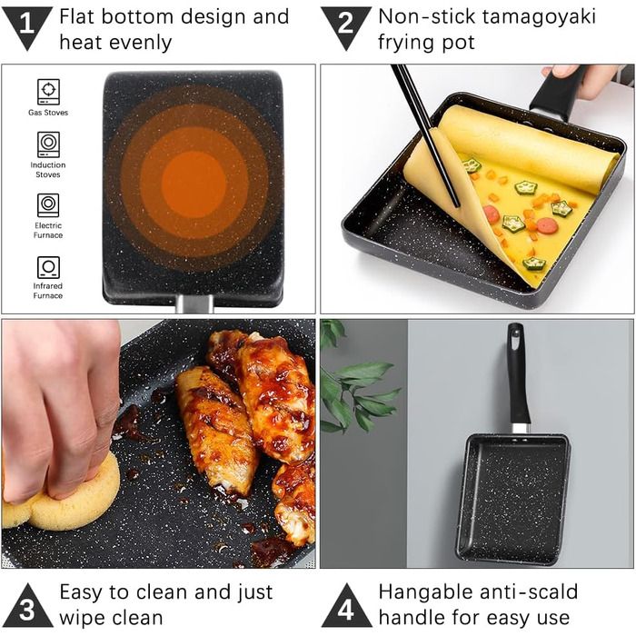 Японська омлетниця Tamagoyaki, прямокутна антипригарна сковорода для яєць з силіконовою лопаткою та 2 формами для яєць, для індукційної та газової плити, кухонне приладдя