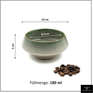 Набір керамічних чашок для капучино та лате Pheniox Barista, 2 шт по 180 мл, порцеляна для Latte Art, без ручок, стійкі до миття в посудомийній машині (Зелений)
