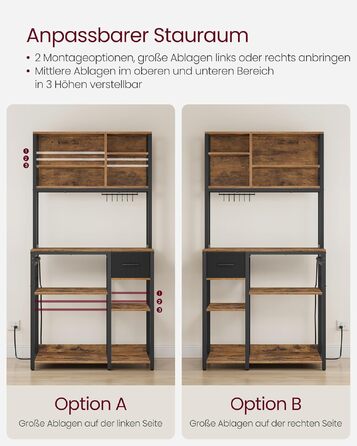 Стелаж для кухні VASAGLE з розетками та полицями, 80x40x180.4 см, кухонний стелаж з висувною шухлядою та 12 гачками, регульовані полиці, колір: вінтажний коричневий/чорний (KKS015K03)