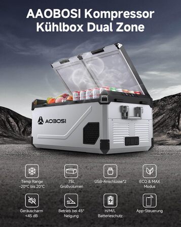 Автомобільний компресорний холодильник AAOBOSI з Wi-Fi, LED підсвіткою та колесами (-20°C/+20°C, 12/24V, 100-240V) для авто, кемпінгу, подорожей