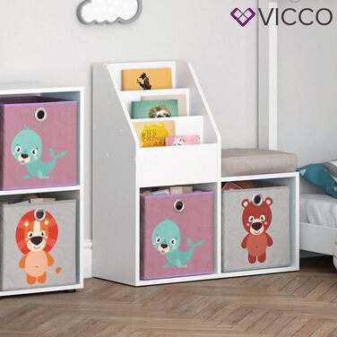 Дитяча полиця Vicco Luigi біла 72x79 см з 2 складаними боксами Лев/Крокодил