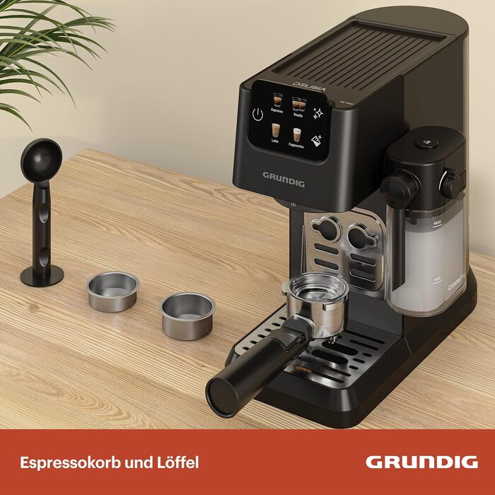 Еспресо-кавоварка GRUNDIG KSM 5330 з молочним контейнером, 1628 Вт, 15 бар, двійна насадка, сенсорний дисплей, BrewSense, CreamyPro, нержавіюча сталь/чорна