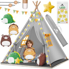 Дитячий ігровий намет KIDIZ Tipi 100x100x160 см з бавовни з LED-гірляндою, світловою зіркою, прапорцевою гірляндою, 3 плюшевими іграшками, килимком і сумкою для зберігання, для дому та вулиці