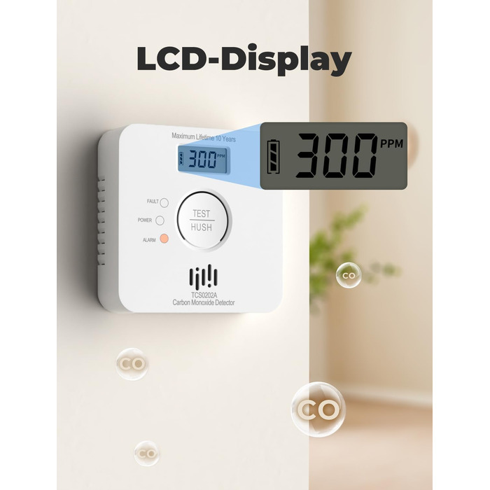 Детектор чадного газу LIORQUE з LCD-дисплеєм, батарея та сенсор на 10 років, гучний сигнал 85 дБ, сертифікація EN 50291, білий