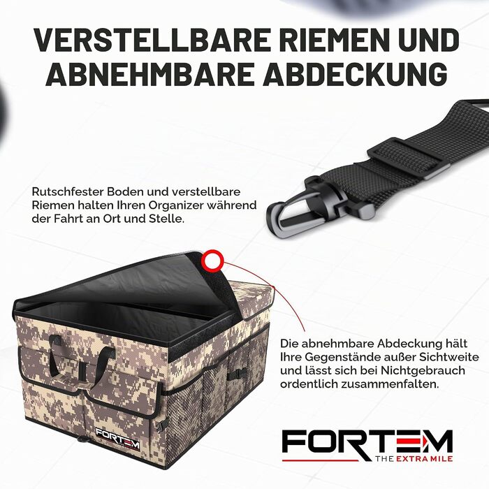 Органайзер у багажник автомобіля FORTEM (85л) — складана сумка-органайзер з відділеннями, протиковзаючим дном та ременями фіксації, колір: пустельний камуфляж, розмір L