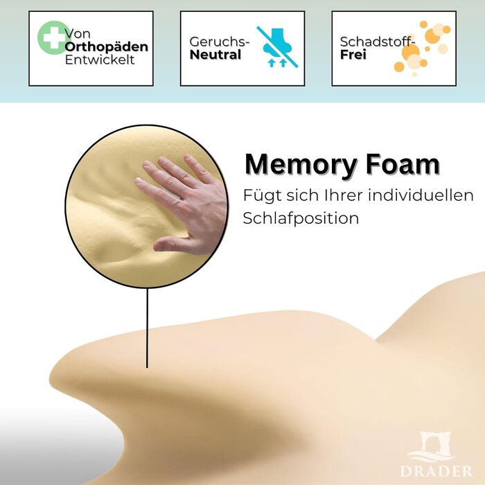 Ортопедична подушка Drader з піни Memory Foam, ергономічна для сну на боці, спині та животі, підтримка шиї, проти болю в спині та шиї, антихропіння