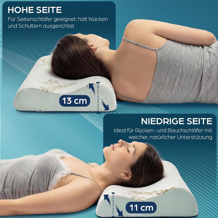 Ортопедична подушка для шиї з піни Memory Foam з Aloe Vera, знімний бамбуковий чохол. Для ліжка, при болях у шиї та підтримки хребта
