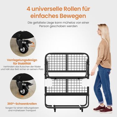 Розкладне ліжко для дорослих 90x200 см з матрацом Memory Foam (13 см), посилений металевий каркас, витримує до 250 кг
