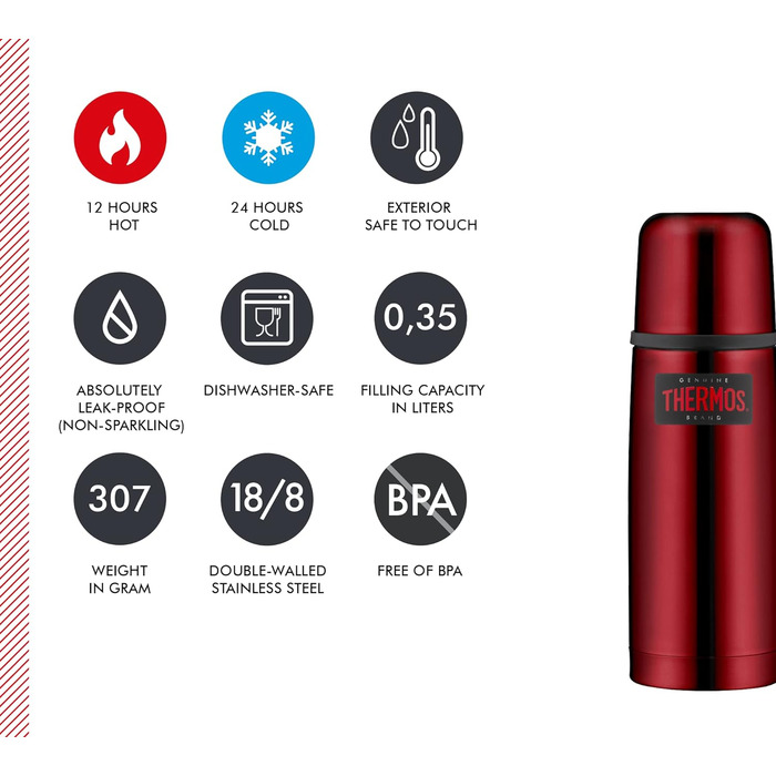 Термос-пляшка Thermos Light & Compact 0,35 л, нержавіюча сталь, червоний, ізольована, з кришкою-чашкою, тримає тепло 12 годин, холод 24 години, герметична, BPA Free, можна мити в посудомийці