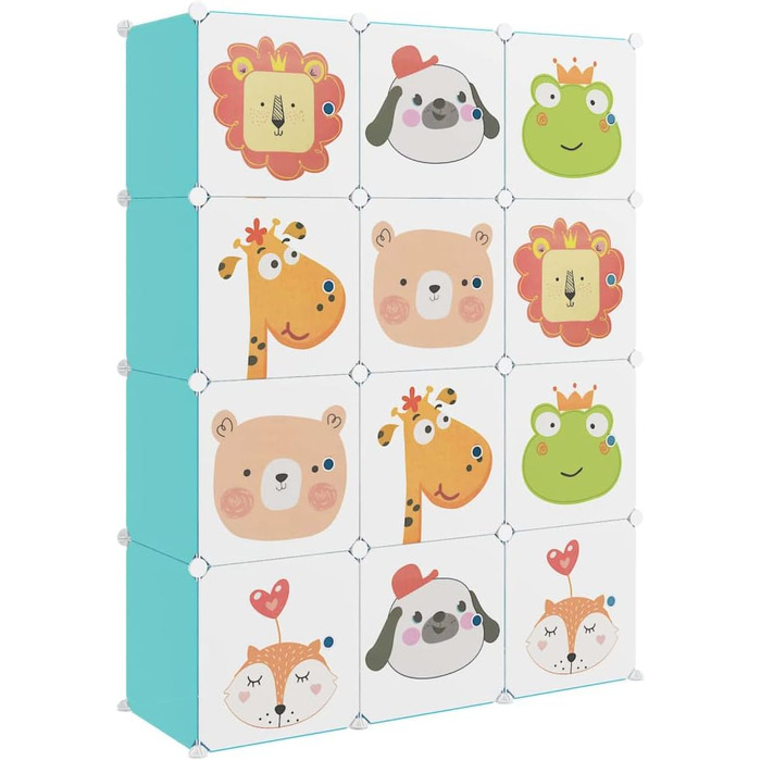 Дитяча шафа модульна vidaXL з 12 кубиками, зелена, PP, 110x36,5x143,5 см, органайзер для іграшок та одягу зі сталевим каркасом