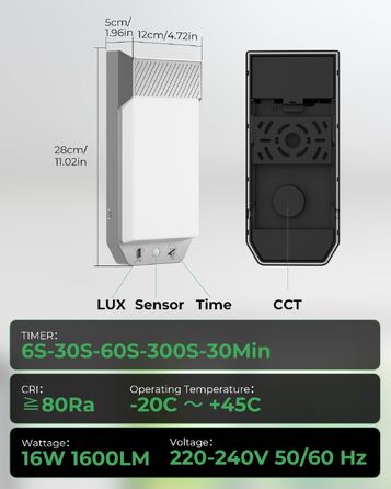 Світлодіодна вулична настінна лампа LOTMOS з датчиком руху та таймером, 16W 1600LM, 3 кольори світла (3000K/4000K/6500K), IP65 водонепроникна, срібляста, 28x12x5 см