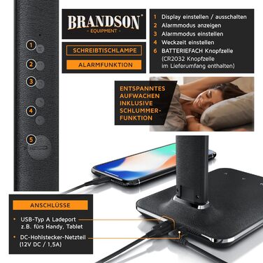 Настільна лампа Brandson LED з димером, 3 кольори світла, 5 рівнів яскравості, USB зарядка, шкіряний дизайн, захист для очей, денне світло
