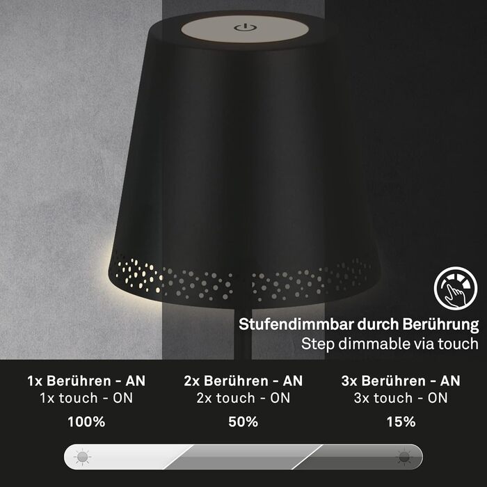 BRILONER – LED акумуляторний торшер 3 в 1, ступінчасте затемнення, сенсорне керування, бездротова, чорна, для вулиці