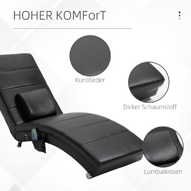 Шкіряний шезлонг HOMCOM з функцією масажу, 58 x 163 x 87 см, до 120 кг, 8 масажних точок, з пультом дистанційного керування Висока подушка для спини, чорний
