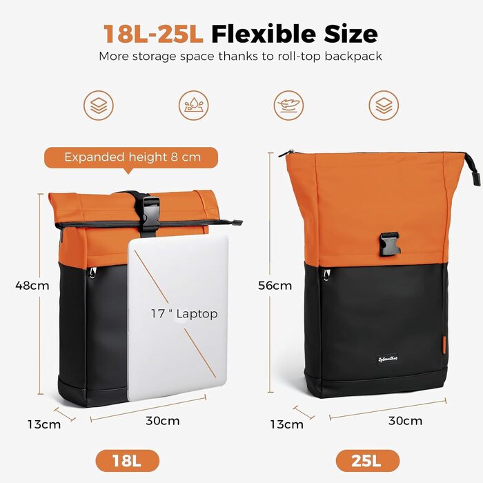 Водонепроникний рюкзак для ноутбука Rolltop 18-25Л, помаранчевий (30x13x48 см)