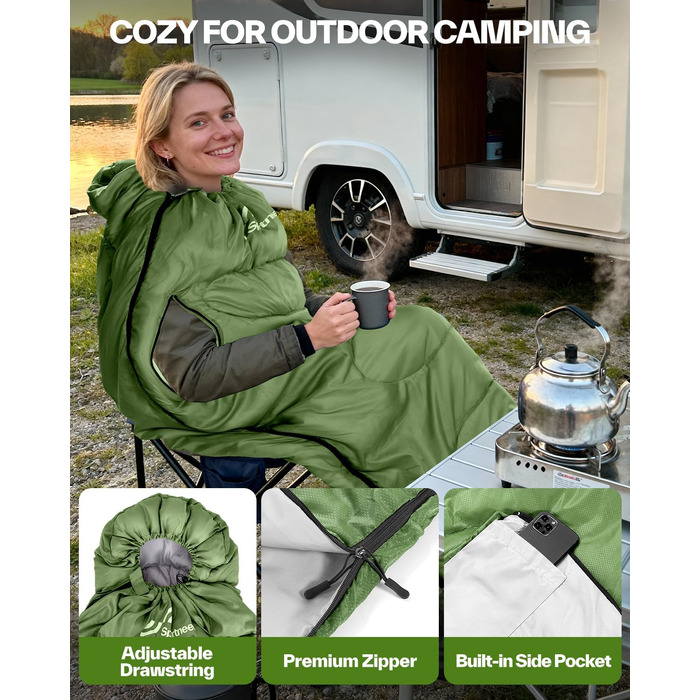 Спальний мішок Sportneer Outdoor у формі ковдри 220×85 см, з отворами для рук, 1.5 кг (Зелений, температурний режим 10-26 °C)