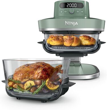 Скляна аерофритюрниця Ninja CRISPi PRO XL Air Fryer з 5 функціями, контейнерами CleanCrisp (5,7 л та 2,3 л) та кришкою для зберігання, колір моховий зелений, AS090EUGN