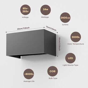 Набір настінних LED-світильників vatato (2 шт), 24W, тепле біле світло 3000K, IP65 вологозахищені, алюмінієві світильники для вулиці та дому, чорні, з регульованим кутом нахилу