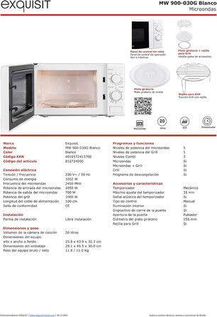 Мікрохвильова піч Exquisit 20 л з грилем 1000 Вт, 700 Вт, 5 режимів, біла, сучасний дизайн, емальована камера, 25,5 см тарілка, проста у використанні