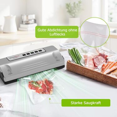Вакуумний пакувальник Bonsenkitchen VS1800 сріблястий, 30 см, імпульсний режим, зовнішній підключення, захист від перегріву + 5 пакетів