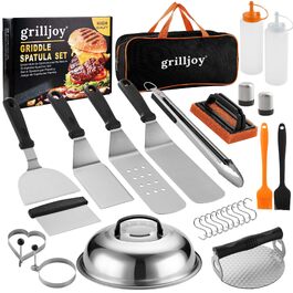 Набір аксесуарів для гриля та планчі Grilljoy з нержавіючої сталі, 28 предметів, для бургерів та барбекю (Помаранчевий)