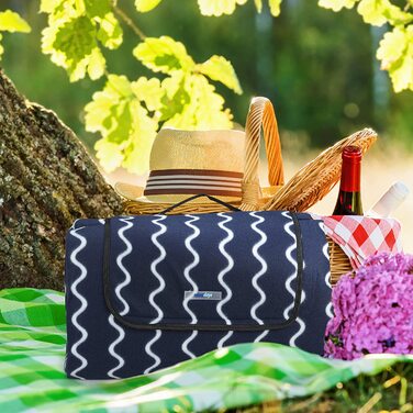 Пікнік килимок Relaxdays XXL 200x300 см, флісовий, водонепроникний, теплоізольований, з ручкою для перенесення, темно-синій/білий
